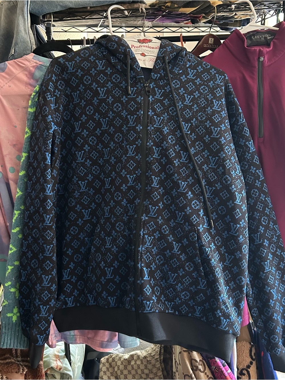 Men's Louis Vuitton Zip-Up Hoodie Sweatshirt in Black & Blue monogram AOP